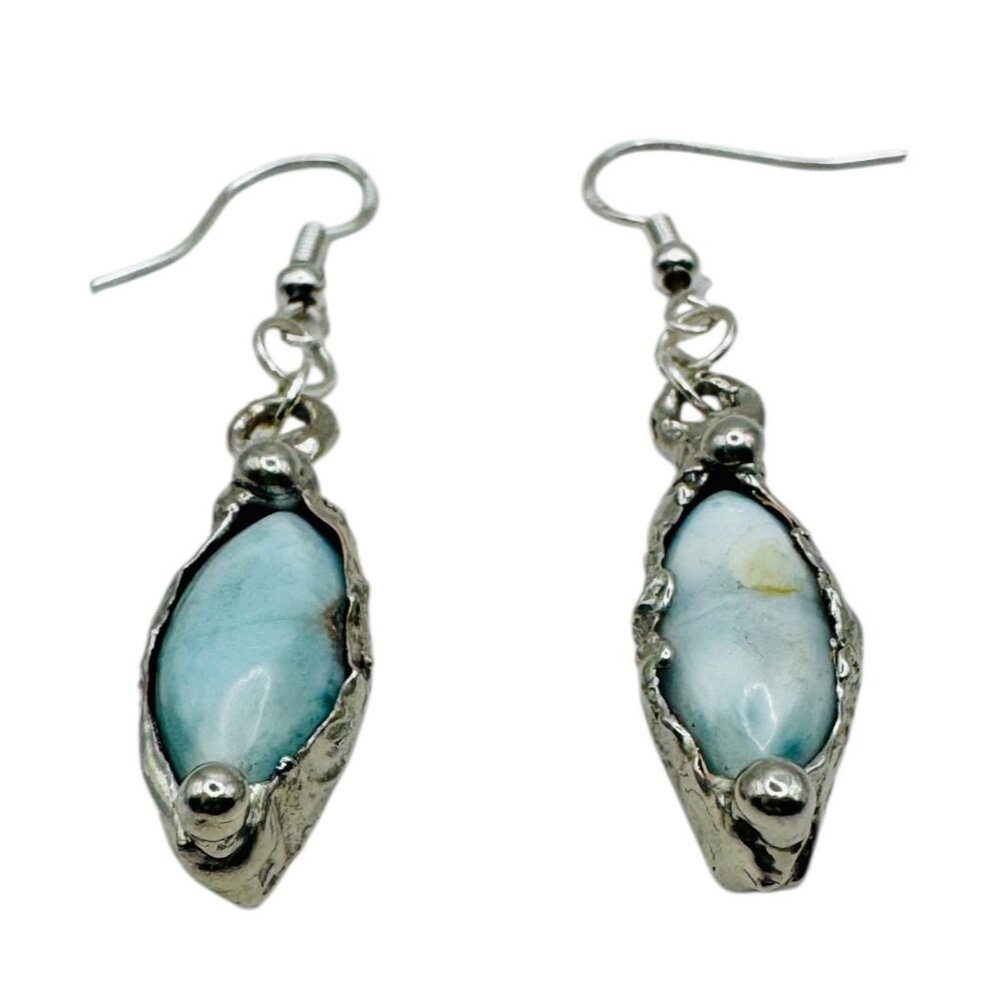 Larimar Dainty Earrings Encased In Boho Artisan Silver Bezels With 925 Hooks - Picture 4 of 14